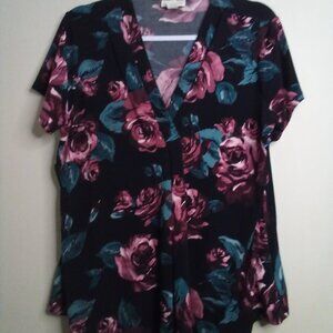 Jaclyn Smith Blouse Women L Short Sleeve V-Neck Floral Black Blue Pink